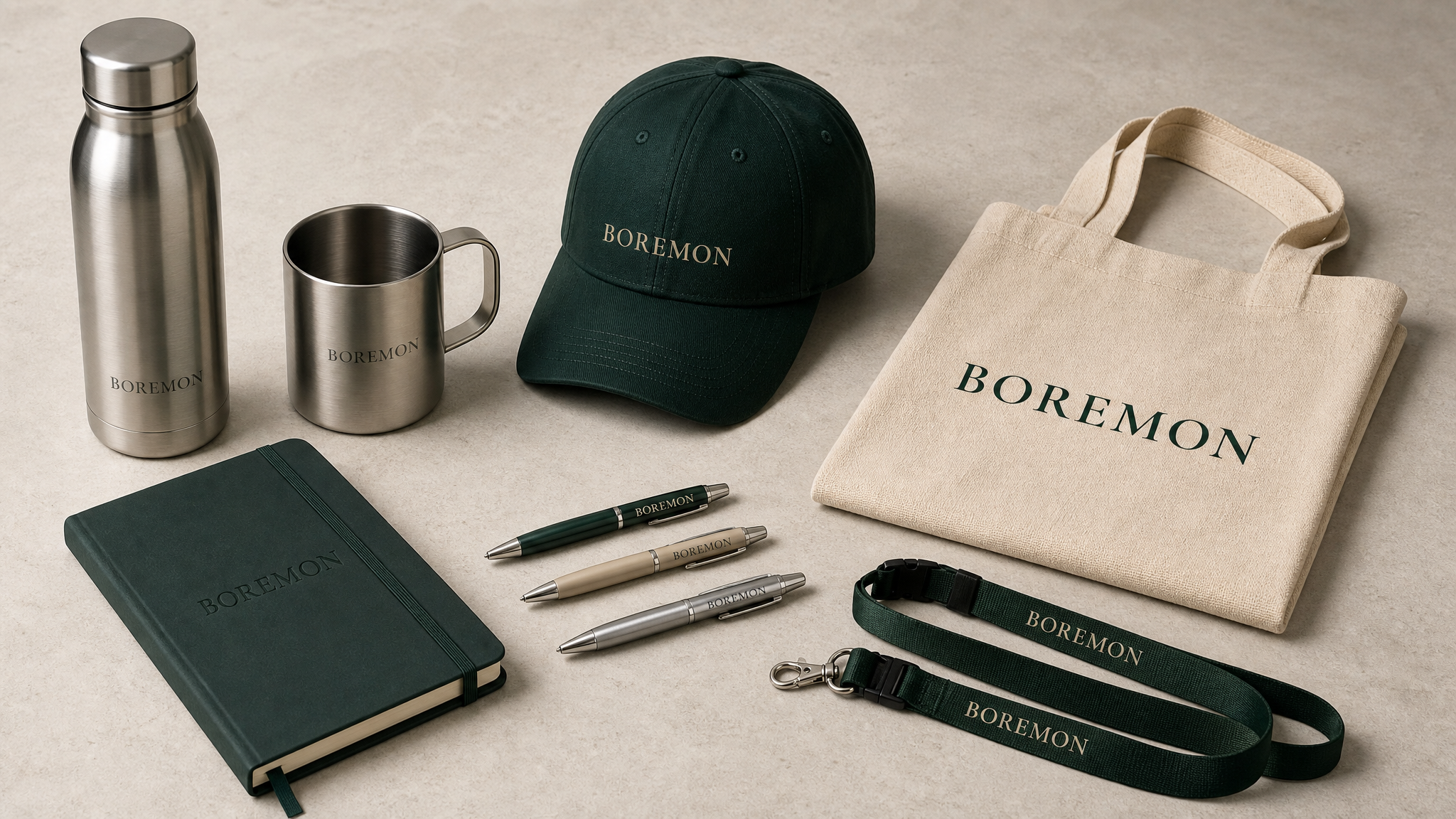 Boremon branded corporate gear — water bottle, mug, cap, tote bag, notebook, pens, and lanyard